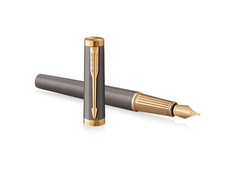 Parker Ingenuity Fountain Pen | Grey Lacquer with Gold Trims | Fine Stainless Steel Nib | Black & Blue Ink Cartridge Refills | Gift Box