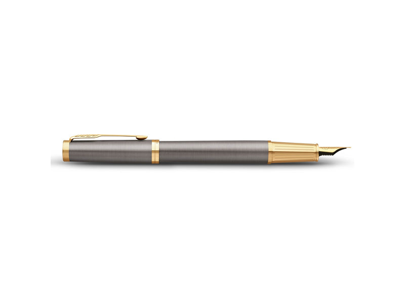 Parker Ingenuity Fountain Pen | Grey Lacquer with Gold Trims | Medium Stainless Steel Nib | Black & Blue Ink Cartridge Refills | Gift Box