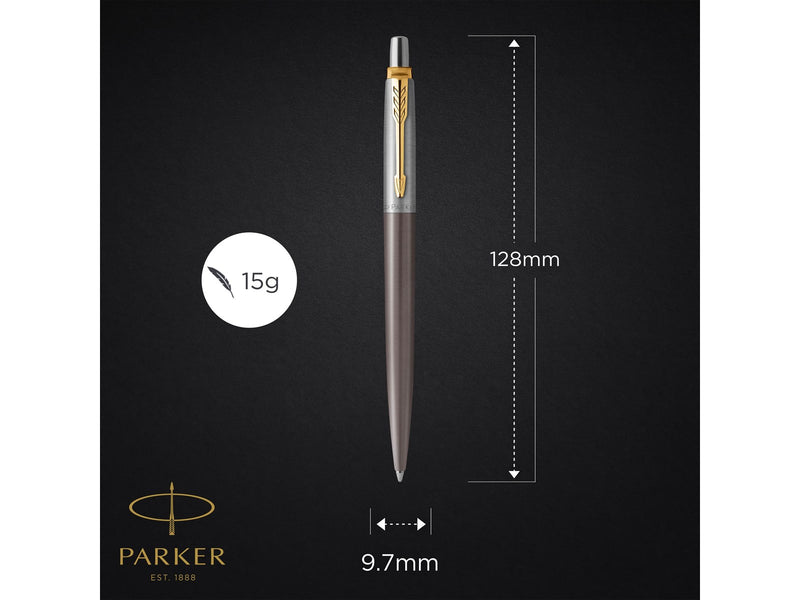 Parker Jotter Ballpoint Pen | Grey Lacquer with Gold Trims | Medium Point | Blue Ink Refill | Gift Box