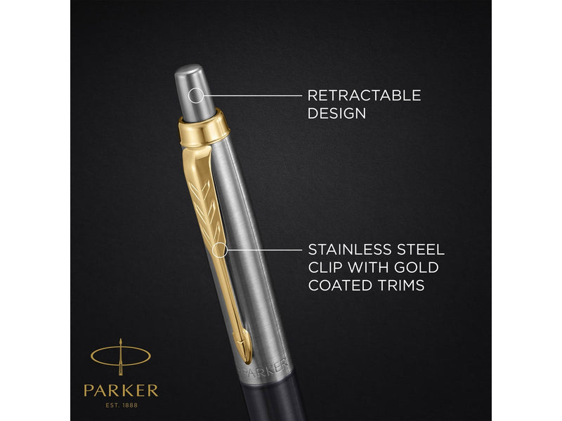 Parker Jotter Ballpoint Pen | Grey Lacquer with Gold Trims | Medium Point | Blue Ink Refill | Gift Box
