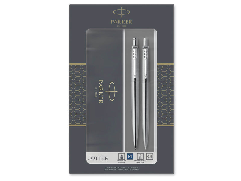 Parker Jotter Duo-Geschenkset mit Kugelschreiber und Druckbleistift (0,5 mm) | Edelstahl mit Chromzierteilen | Nachfüllmine mit blauer Tinte | Geschenkbox