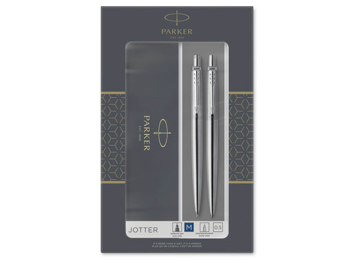 Parker Jotter Duo-Geschenkset mit Kugelschreiber und Druckbleistift (0,5 mm) | Edelstahl mit Chromzierteilen | Nachfüllmine mit blauer Tinte | Geschenkbox