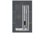 Parker Jotter Duo-Geschenkset mit Kugelschreiber und Füller | Edelstahl mit Chromzierteilen | Nachfüllmine und -patronen mit blauer Tinte | Geschenkbox
