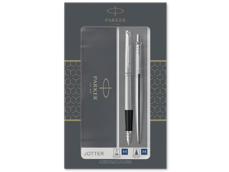 Parker Jotter Duo-Geschenkset mit Kugelschreiber und Füller | Edelstahl mit Chromzierteilen | Nachfüllmine und -patronen mit blauer Tinte | Geschenkbox