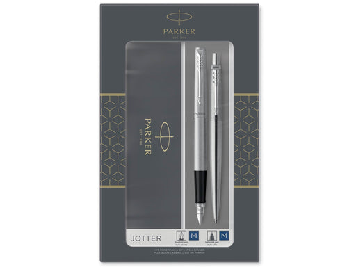 Parker Jotter Duo-Geschenkset mit Kugelschreiber und Füller | Edelstahl mit Chromzierteilen | Nachfüllmine und -patronen mit blauer Tinte | Geschenkbox