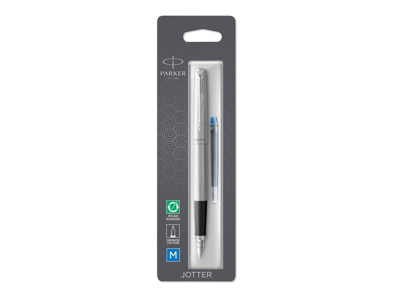 Parker Jotter Füller | Edelstahlschaft mit Chromzierteilen | Füllfederhalter mit mittlerer Feder | blaue Tinte