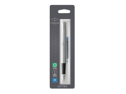 Parker Jotter Füller | Edelstahlschaft mit Chromzierteilen | Füllfederhalter mit mittlerer Feder | blaue Tinte