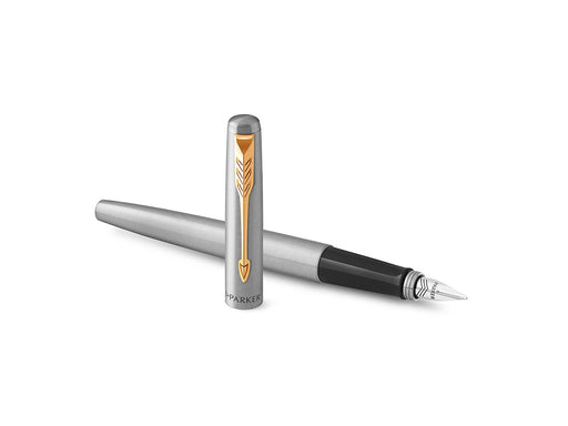 Parker Jotter Füller | Edelstahlschaft mit Goldzierteilen | Füllfederhalter mit mittlerer Feder | blaue Tinte | Geschenkbox