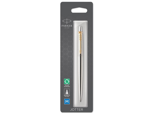 Parker Jotter Kugelschreiber | Edelstahl mit Goldzierteile | Mittlere Spitze | Blaue Tinte | Blister-Verpackung