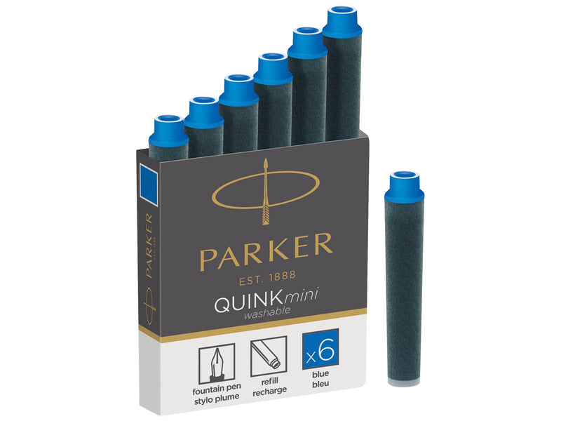 Parker Mini Fountain Pen Ink Refill Cartridges | Blue QUINK Ink | 6 Count