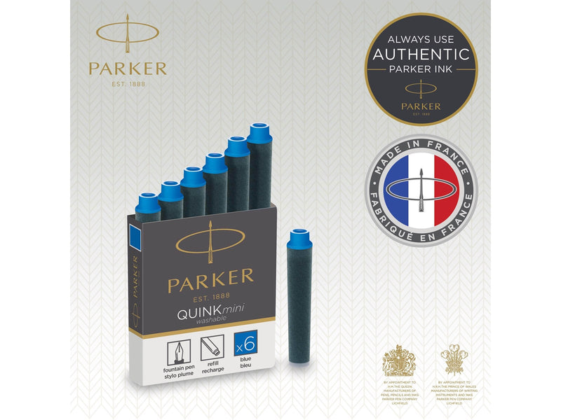 Parker Mini Fountain Pen Ink Refill Cartridges | Blue QUINK Ink | 6 Count