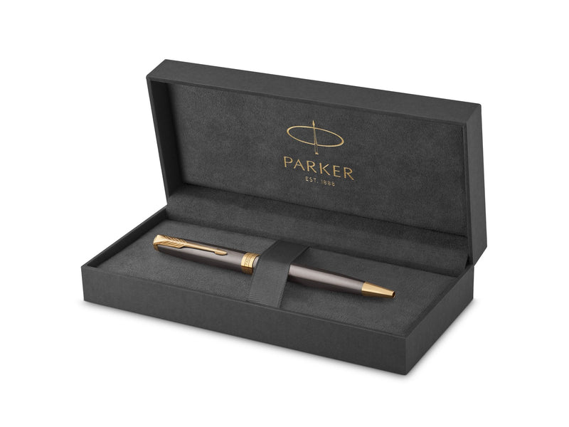 Parker Sonnet Ballpoint Pen | Grey Lacquer with Gold Trims | Medium Point | Black Ink Refill | Gift Box
