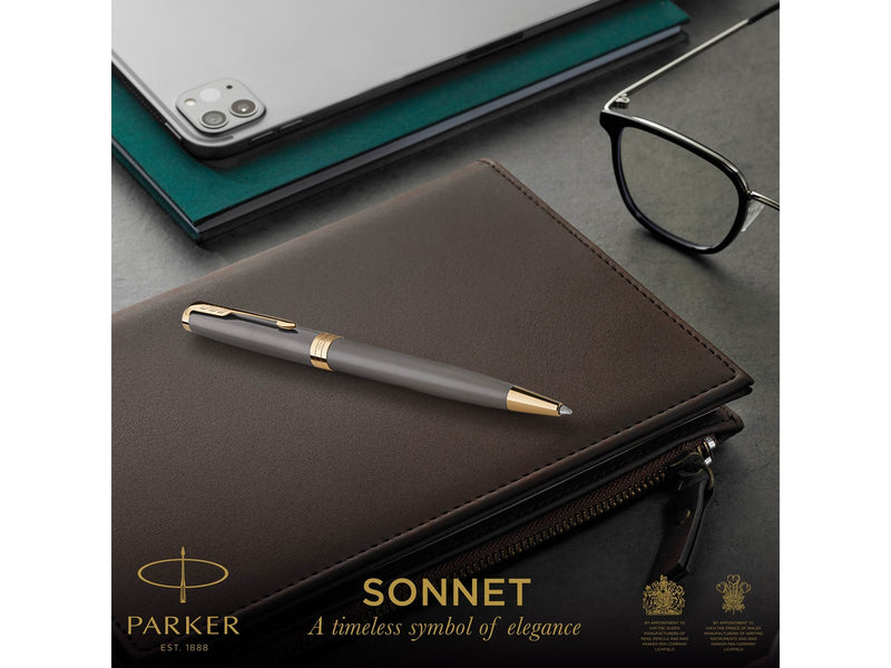 Parker Sonnet Ballpoint Pen | Grey Lacquer with Gold Trims | Medium Point | Black Ink Refill | Gift Box