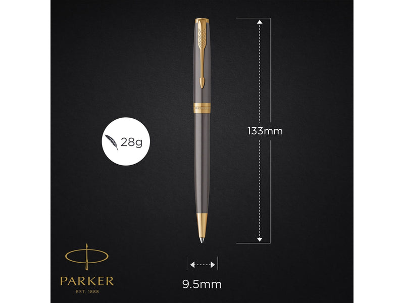 Parker Sonnet Ballpoint Pen | Grey Lacquer with Gold Trims | Medium Point | Black Ink Refill | Gift Box