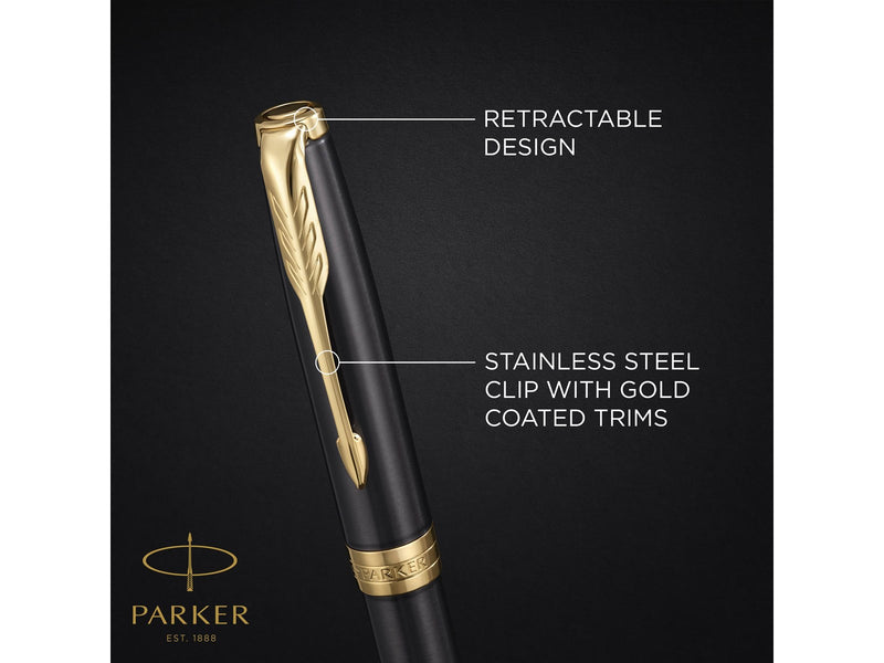 Parker Sonnet Ballpoint Pen | Grey Lacquer with Gold Trims | Medium Point | Black Ink Refill | Gift Box