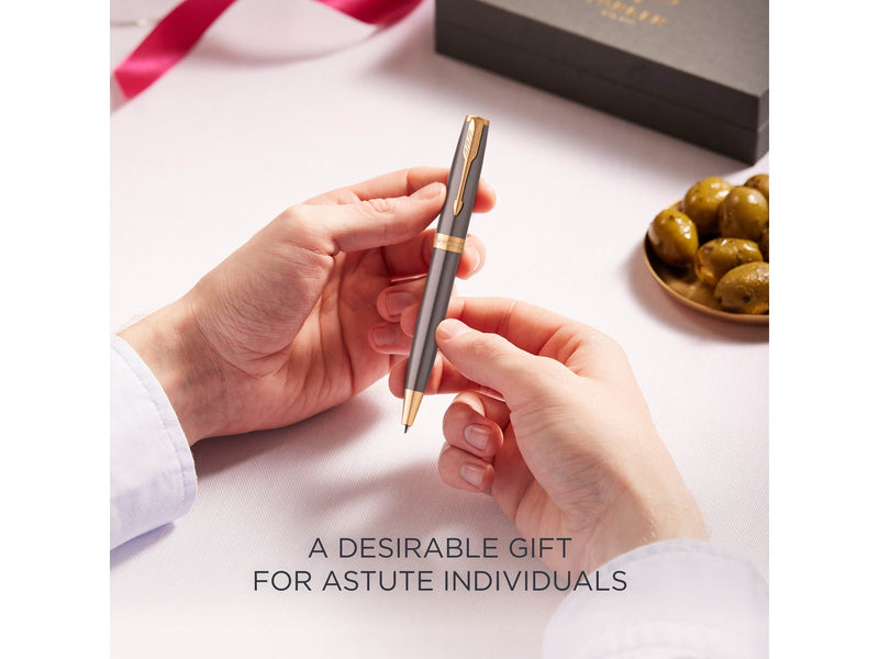 Parker Sonnet Ballpoint Pen | Grey Lacquer with Gold Trims | Medium Point | Black Ink Refill | Gift Box
