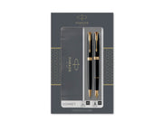 Parker Sonnet Duo-Geschenkset mit Kugelschreiber und Füller (Feder aus 18 Karat Gold) | Hochglänzend Schwarz mit Goldzierteilen | Nachfüllmine und -patronen mit schwarzer Tinte