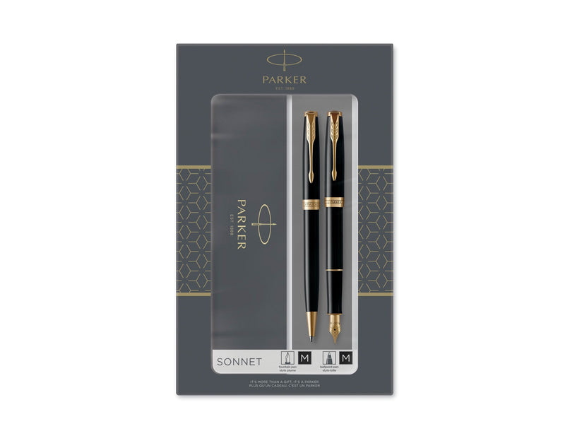 Parker Sonnet Duo-Geschenkset mit Kugelschreiber und Füller (Feder aus 18 Karat Gold) | Hochglänzend Schwarz mit Goldzierteilen | Nachfüllmine und -patronen mit schwarzer Tinte
