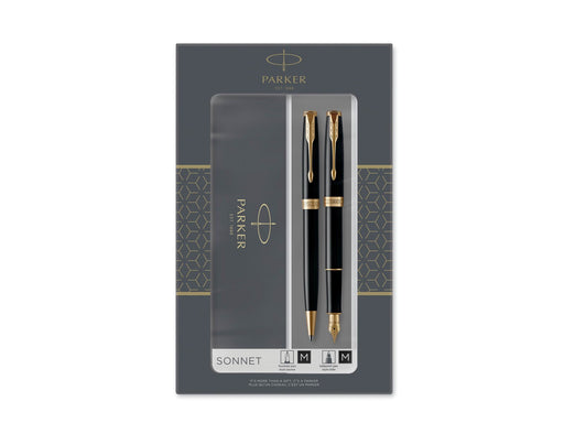 Parker Sonnet Duo-Geschenkset mit Kugelschreiber und Füller (Feder aus 18 Karat Gold) | Hochglänzend Schwarz mit Goldzierteilen | Nachfüllmine und -patronen mit schwarzer Tinte