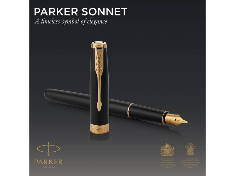 Parker Sonnet Duo-Geschenkset mit Kugelschreiber und Füller (Feder aus 18 Karat Gold) | Hochglänzend Schwarz mit Goldzierteilen | Nachfüllmine und -patronen mit schwarzer Tinte