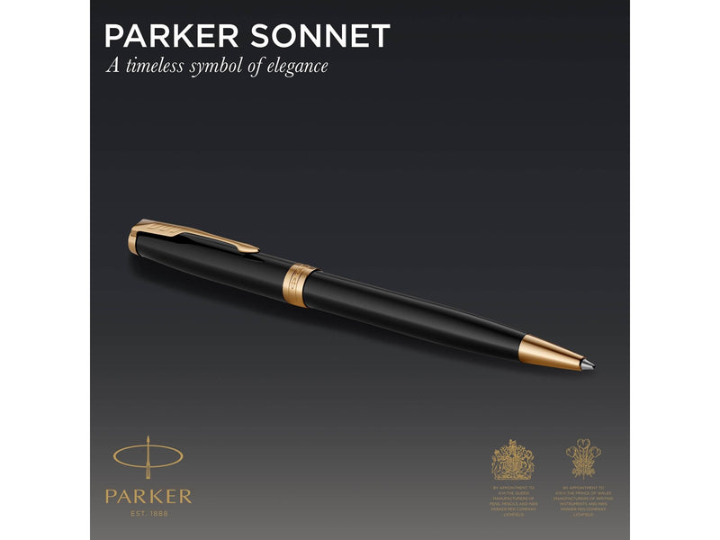 Parker Sonnet Duo-Geschenkset mit Kugelschreiber und Füller (Feder aus 18 Karat Gold) | Hochglänzend Schwarz mit Goldzierteilen | Nachfüllmine und -patronen mit schwarzer Tinte
