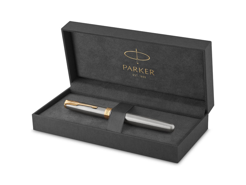 Parker Sonnet Füller | Edelstahl mit Goldzierteilen | Füllfederhalter mit feiner Feder | Geschenkbox