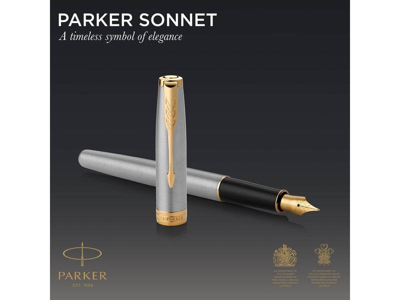 Parker Sonnet Füller | Edelstahl mit Goldzierteilen | Füllfederhalter mit feiner Feder | Geschenkbox