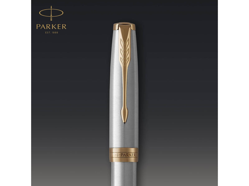Parker Sonnet Füller | Edelstahl mit Goldzierteilen | Füllfederhalter mit feiner Feder | Geschenkbox