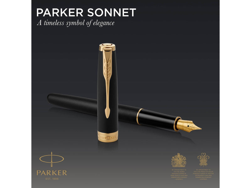 Parker Sonnet Füller | Matt-Schwarze Lackierung mit Goldzierteilen | Füllfederhalter mit feiner Feder | Geschenkbox