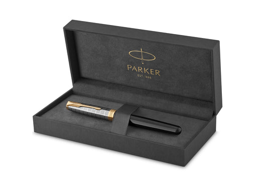 Parker Sonnet Füller | Premium Metal & Black Glanzlack mit Goldbeschichtung | Füllfederhalter mit feiner 18 Karat Goldfeder und schwarzer Tintenpatrone | Geschenkbox