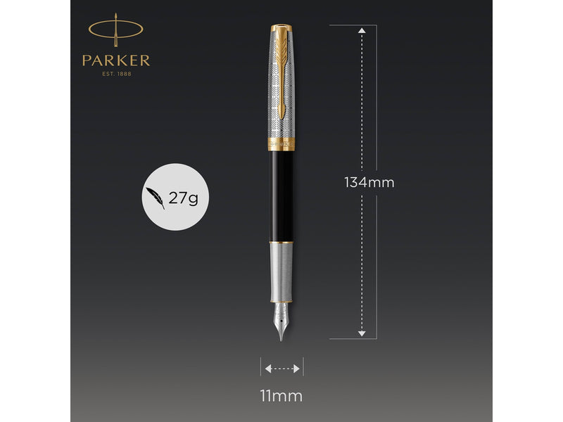 Parker Sonnet Füller | Premium Metal & Black Glanzlack mit Goldbeschichtung | Füllfederhalter mit feiner 18 Karat Goldfeder und schwarzer Tintenpatrone | Geschenkbox