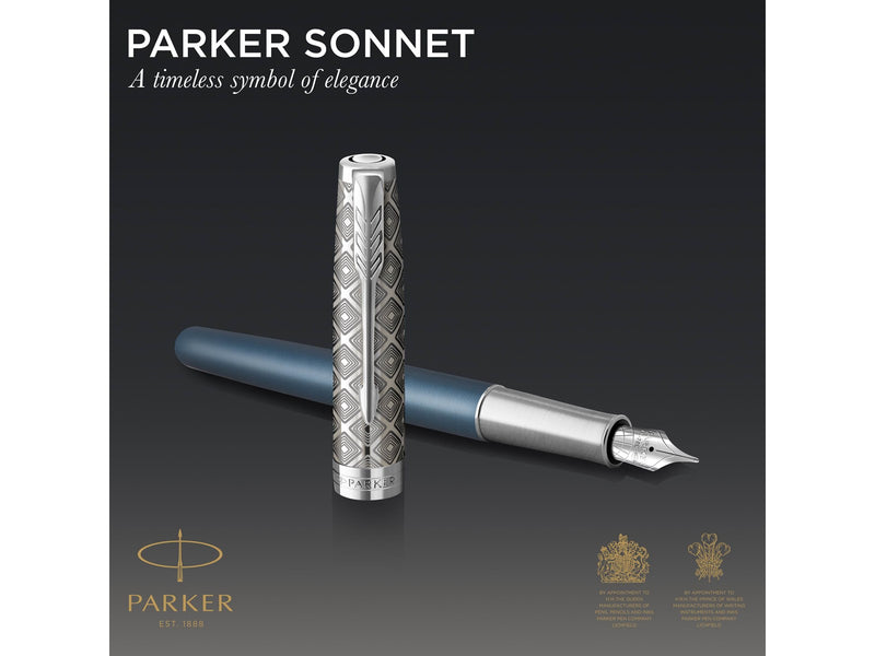 Parker Sonnet Füller | Premium Metal & Blue Satinierung mit Chromverkleidung | Füllfederhalter Feine 18 Karat Goldfeder mit schwarzer Tintenpatrone | Geschenkbox