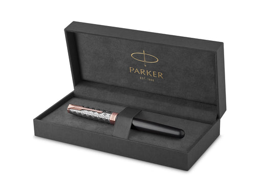 Parker Sonnet Füller | Premium Metal & Grey Satinierung mit Rotgoldbeschichtung | Füllfederhalter Feine 18 Karat Goldfeder mit schwarzer Tintenpatrone | Geschenkbox
