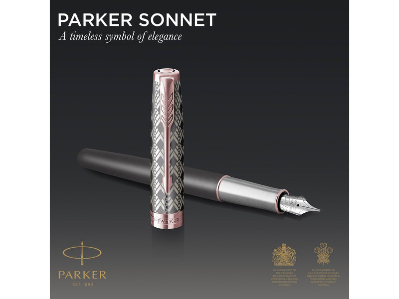 Parker Sonnet Füller | Premium Metal & Grey Satinierung mit Rotgoldbeschichtung | Füllfederhalter Feine 18 Karat Goldfeder mit schwarzer Tintenpatrone | Geschenkbox
