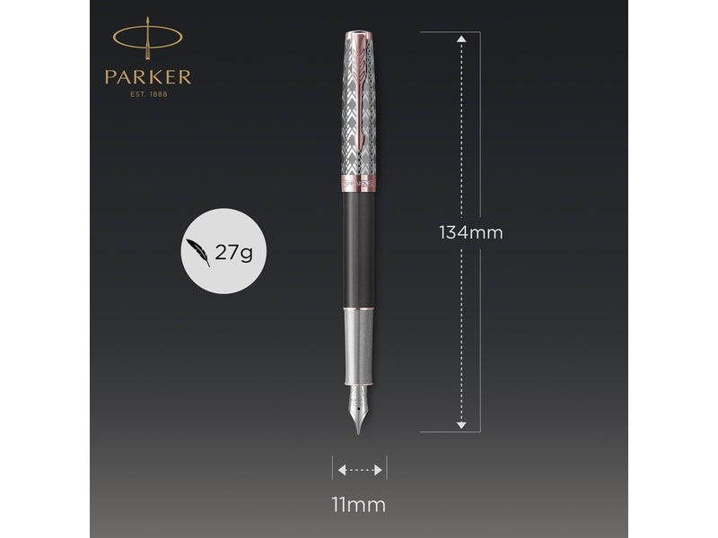 Parker Sonnet Füller | Premium Metal & Grey Satinierung mit Rotgoldbeschichtung | Füllfederhalter Feine 18 Karat Goldfeder mit schwarzer Tintenpatrone | Geschenkbox