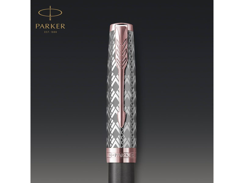 Parker Sonnet Füller | Premium Metal & Grey Satinierung mit Rotgoldbeschichtung | Füllfederhalter Feine 18 Karat Goldfeder mit schwarzer Tintenpatrone | Geschenkbox