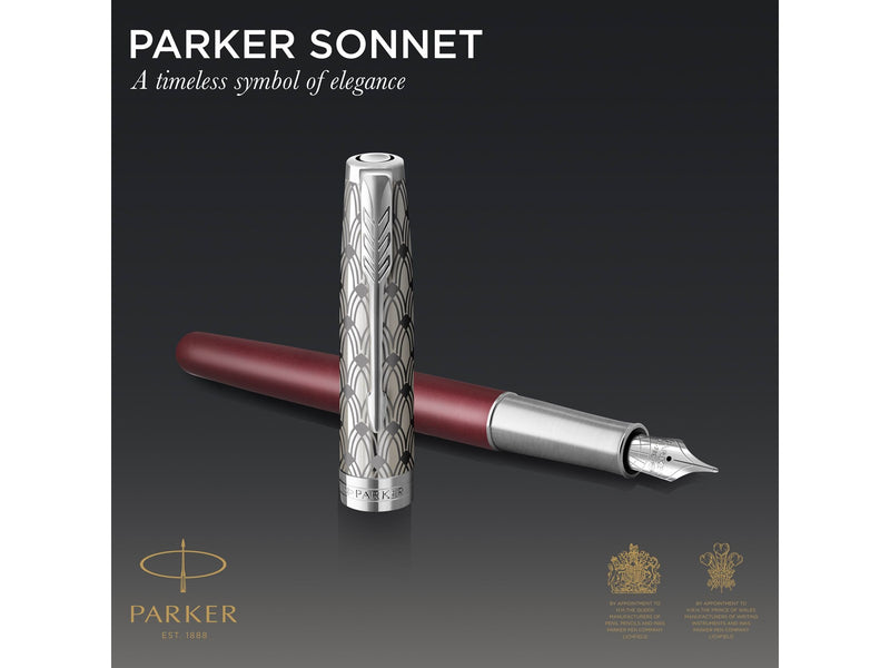 Parker Sonnet Füller | Premium Metal & Red Satinierung mit Chromverkleidung | Füllfederhalter mit feiner 18 Karat Goldfeder und schwarzer Tintenpatrone | Geschenkbox