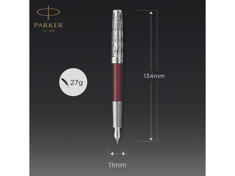 Parker Sonnet Füller | Premium Metal & Red Satinierung mit Chromverkleidung | Füllfederhalter mit feiner 18 Karat Goldfeder und schwarzer Tintenpatrone | Geschenkbox