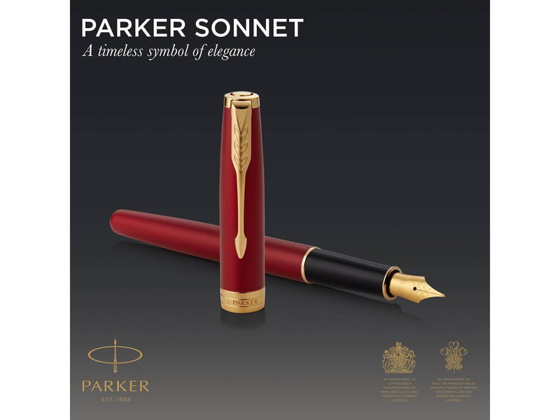 Parker Sonnet Füller | Rote Lackierung mit Goldzierteilen | Füllfederhalter mit feiner Feder | Geschenkbox