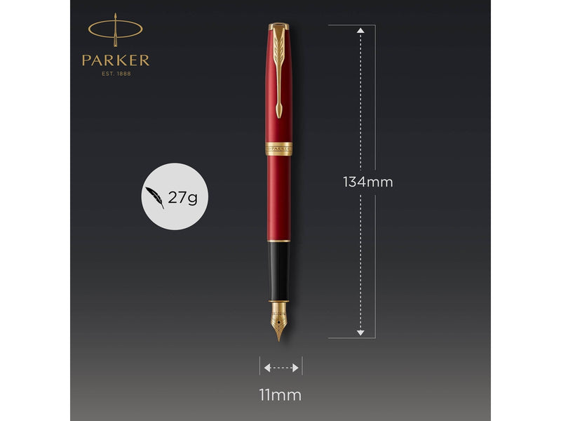 Parker Sonnet Füller | Rote Lackierung mit Goldzierteilen | Füllfederhalter mit mittlerer Feder | Geschenkbox