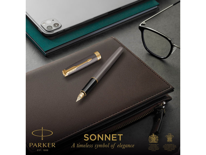 Parker Sonnet Fountain Pen | Grey Lacquer with Gold Trims | Fine Stainless Steel Nib with Gold Coating | Black Ink Cartridge Refill | Gift Box