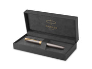 Parker Sonnet Fountain Pen | Grey Lacquer with Gold Trims | Medium Stainless Steel Nib with Gold Coating | Black Ink Cartridge Refill | Gift Box