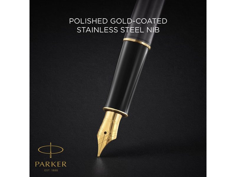 Parker Sonnet Fountain Pen | Grey Lacquer with Gold Trims | Medium Stainless Steel Nib with Gold Coating | Black Ink Cartridge Refill | Gift Box