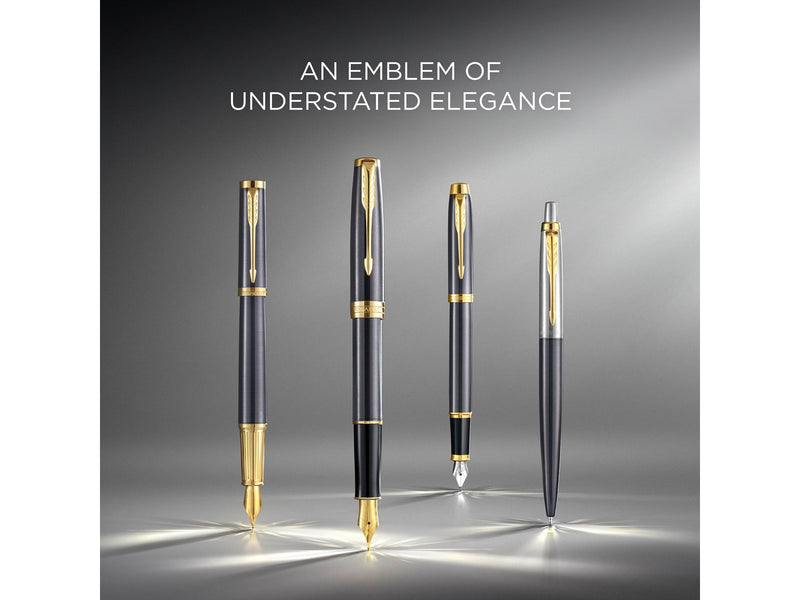 Parker Sonnet Fountain Pen | Grey Lacquer with Gold Trims | Medium Stainless Steel Nib with Gold Coating | Black Ink Cartridge Refill | Gift Box