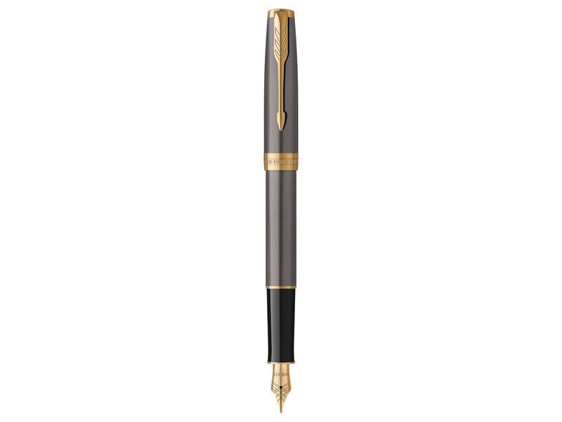 Parker Sonnet Fountain Pen | Grey Lacquer with Gold Trims | Medium Stainless Steel Nib with Gold Coating | Black Ink Cartridge Refill | Gift Box