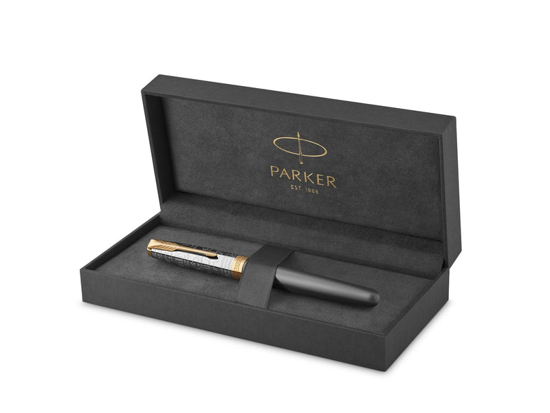 Parker Sonnet Intrerpid Journeys Collection Rollerball Pen Ancient China Edition Grey Lacquer with Solid Silver Cap & Gold Trims Fine Point Gift Box