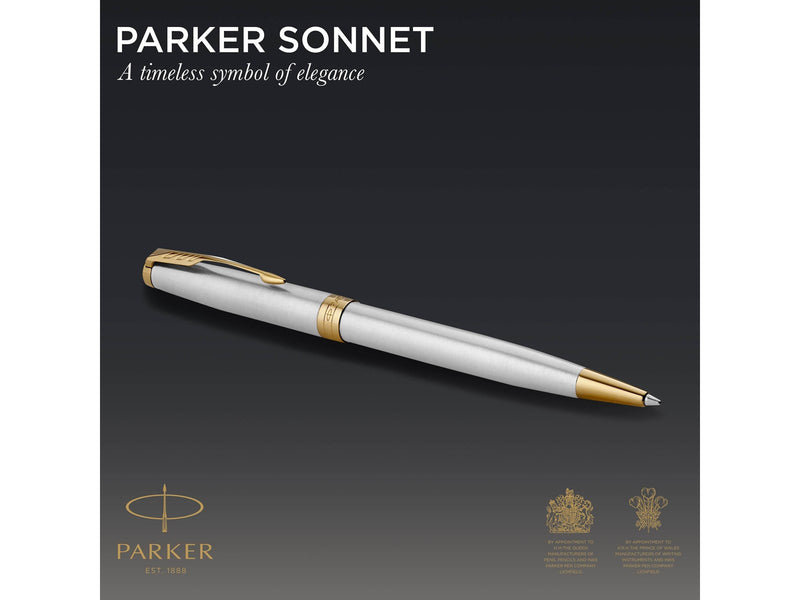 Parker Sonnet Kugelschreiber | Edelstahl mit Goldzierteilen | Mittlere Spitze | schwarze Tinte | Geschenkbox