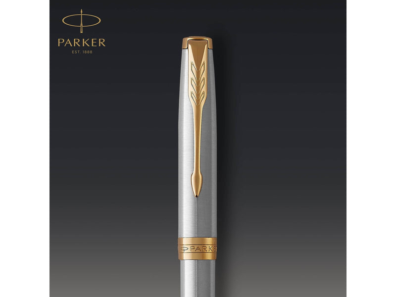 Parker Sonnet Kugelschreiber | Edelstahl mit Goldzierteilen | Mittlere Spitze | schwarze Tinte | Geschenkbox
