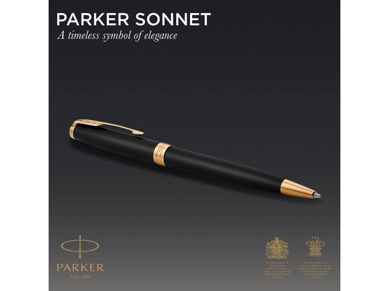 Parker Sonnet Kugelschreiber | Matt-Schwarze Lackierung mit Goldzierteilen | Mittlere Spitze | schwarze Tinte | Geschenkbox
