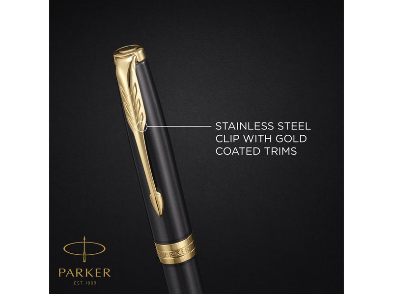 Parker Sonnet Rollerball Pen | Grey Lacquer with Gold Trims | Fine Stainless Steel Point | Black Ink Refill | Gift Box